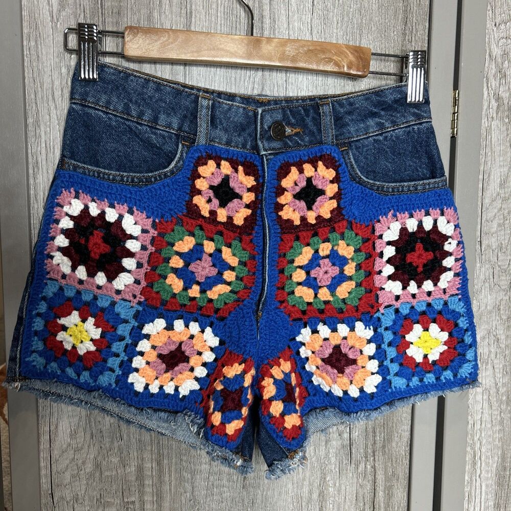 Farm Rio Crochet Denim Shorts 25 Granny Square Boho Festival Concert